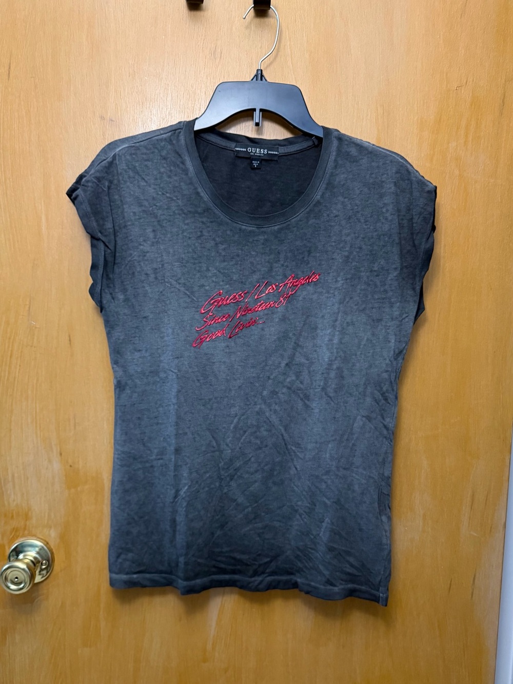 GUESS Women's Charcoal Tee with Red Script Logo